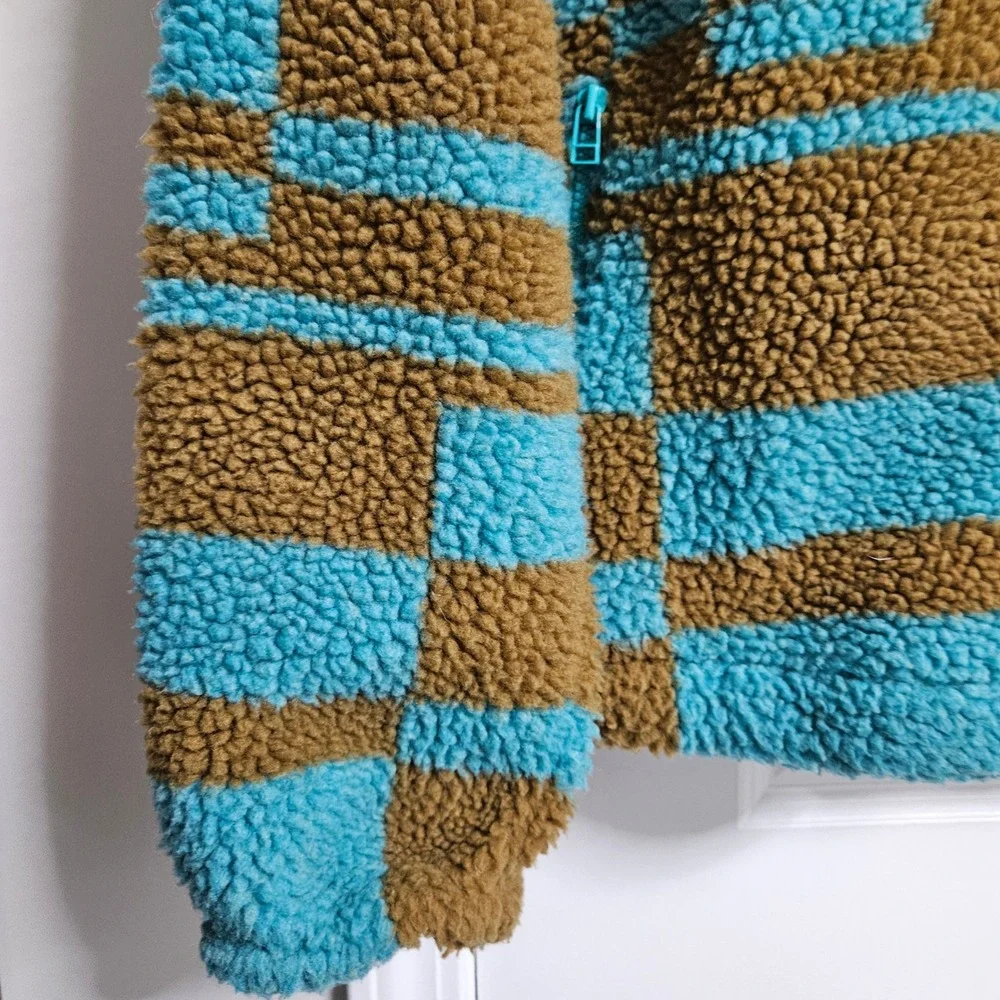 Urban Outfitters Fleece‎ Jacket Adult Sm Blue Brown Checkered Sherpa Full Zip
